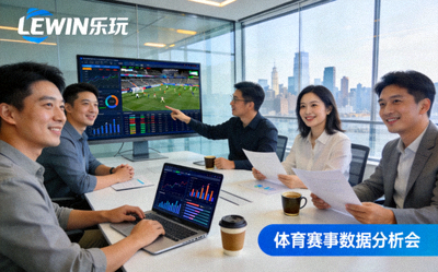 LEWIN乐玩公司团队在现代化办公室讨论体育赛事数据的场景