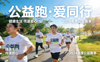 体育公益跑步赛事策划，参与者身穿统一服装在公园跑步